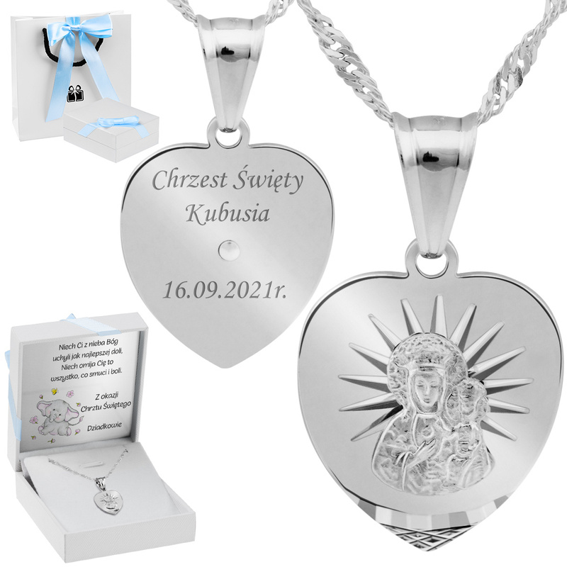 Srebrny medalik z Matką Boską Częstochowską z łańcuszkiem / serce / pr. 925 / z Grawerem