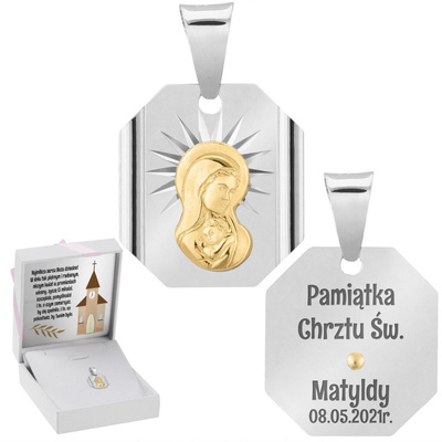 Srebrny medalik z Matką Boską, pozłacaną Dedykacja