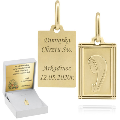 Złoty medalik z Matką Boską 585 w ramce z grawerem i dedykacją